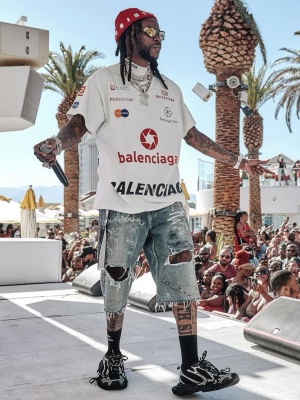 2 Chainz Wearing A Crystal Beanie With Balenciaga Sunglasses T Shirt Shorts Belts And Sneakers