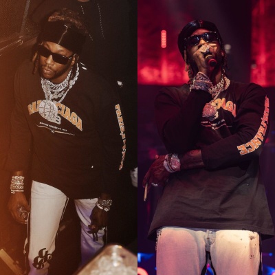 2 Chainz Wearing Balenciaga Cutout Sunglasses With A Black Long Sleeve Tee And Gallery Dept G Patch Jeans