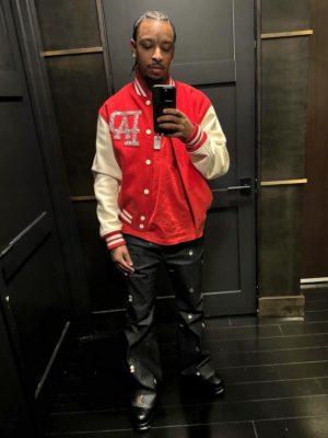 21 Savage Louis Vuitton Red Varsity Jacket Lv Logo Tee Allover Lv Jeans Croc Sneakers