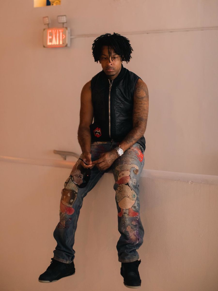 21savage wearing #chromehearts leather pants and sunglasses