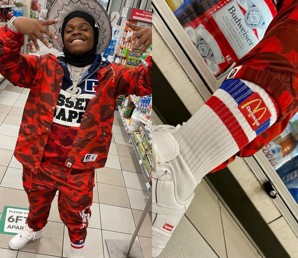 42 Dugg Wearing a Red BAPE x Russell, & Nike x Supreme Outfit