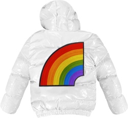 6ix9ine Shiny White Rainbow Patch Puffer Jacket