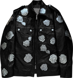 Metallic Rose Patch Black Leather Jacket