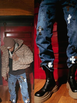 A Boogie Wearing A Balenciaga Brown Logo Hat Puffer And Tee With Chrome Hearts Jeans And Bottega Boots