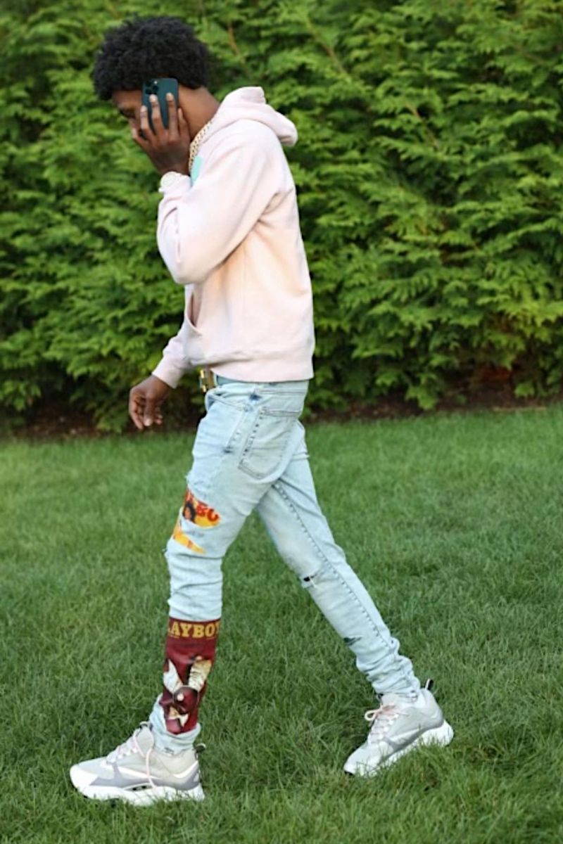 A Boogie Wearing Pink Dior Sneakers & Hoodie With Amiri x Playboy Jeans