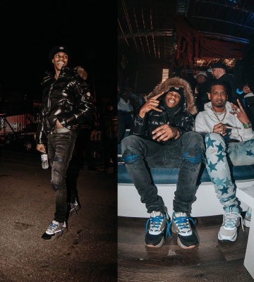 A Boogie Wearing A Moncler Black Fur Puffer Jacket And Beanie With Amiri Flannel Jeans And Dior B22 Sneakers
