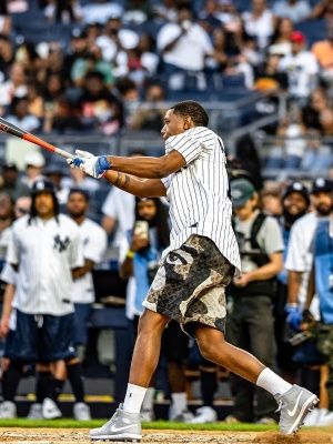A Boogie Wearing A New York Yankees Custom Jersey With Louis Vuitton Shorts And Jordan Cleats