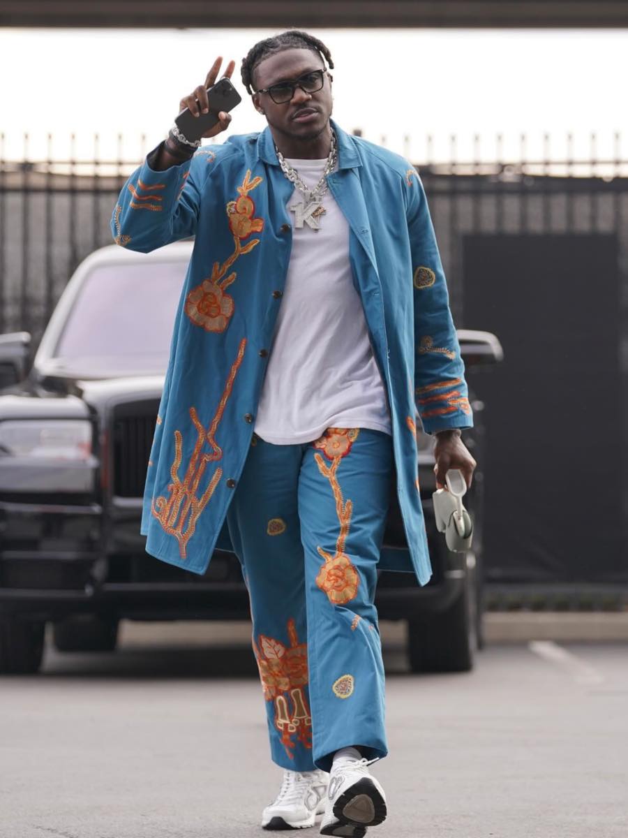AJ Brown: Blue Floral Patch Coat and Pants & Dior White Sneakers