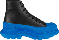 Alexander Mcqueen Black Leather And Royal Blue Sole Tread Slick Boots