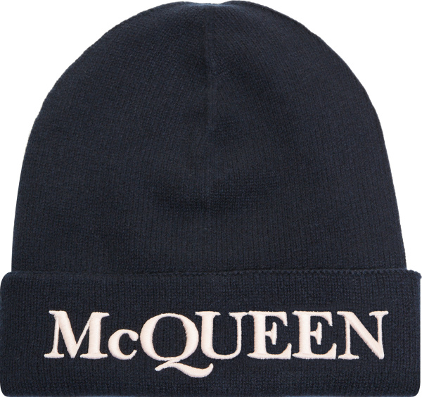 Alexander Mcqueen Navy Blue And Ivory Logo Embroidered Beanie