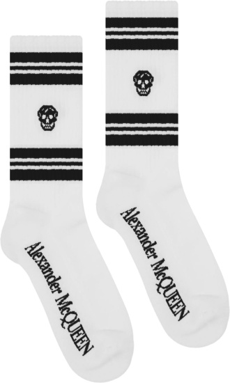 Alexander Mcqueen White And Black Stripe Skull Socks