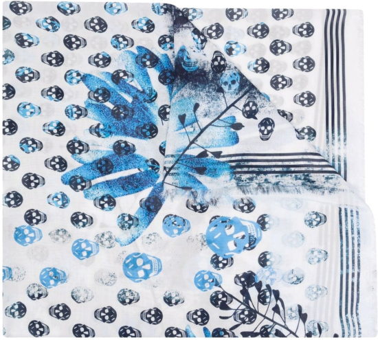 Alexander Mcqueen White And Blue Skull And Floral Print Scarf