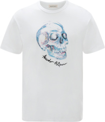 Alexander Mcqueen White And Blue Watercolor Brushed Skull Logo T Shirt