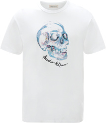 Alexander Mcqueen White And Light Blue Watercolor Skull Logo Tee