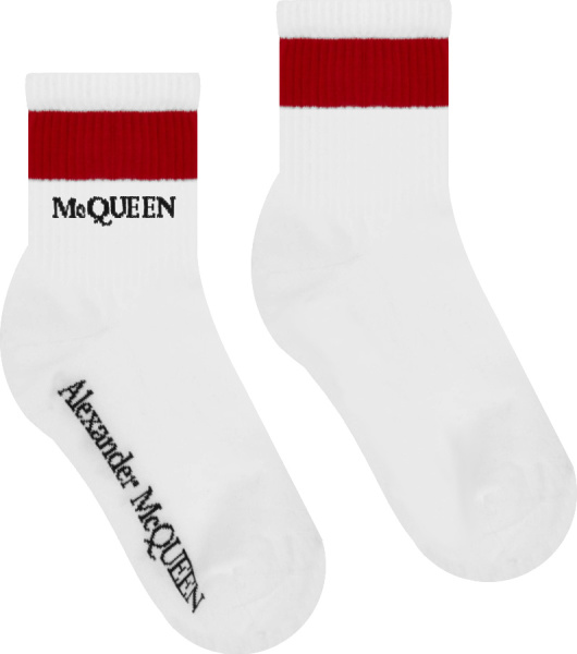 Alexander Mcqueen White And Red Stripe Logo Socks