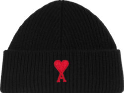 Ami Paris Black And Red Heart Logo Beanie