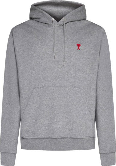 Ami Paris Grey And Small Red Heart Logo Hoodie