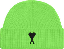 Ami Paris Lime Green And Black Heart Logo Beanie