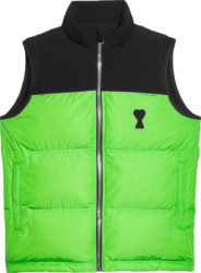 Ami Paris Neon Green And Black Heart Logo Puffer Jacket