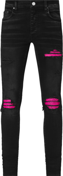 Amiri Aged Black And Cracked Neon Pink Leather Underpatch Mx1 Jeans