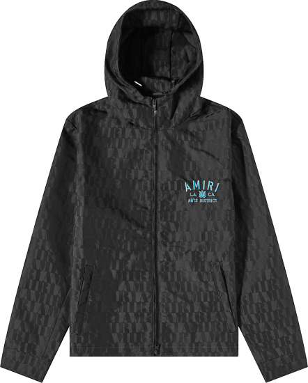 Amiri Black Allover Logo Arts District Hooded Windbreaker Jacket