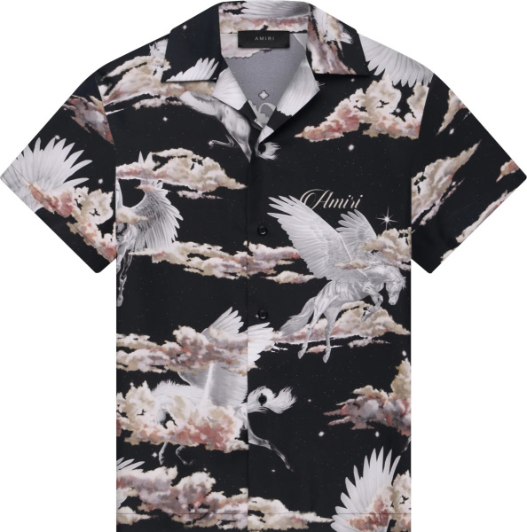 Amiri Black Allover Pegasus Print Bowling Shirt