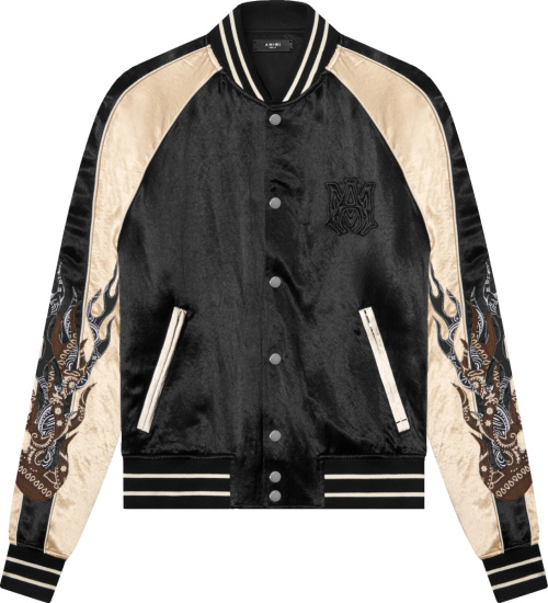 Amiri Black And Ivory Bandana Flame Patch Souvenir Satin Jacket