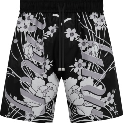 Amiri Black And White Vertical Floral Logo Silk Shorts