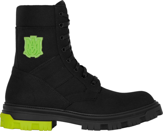 Amiri Black Canvas And Neon Green Military Combat Boots
