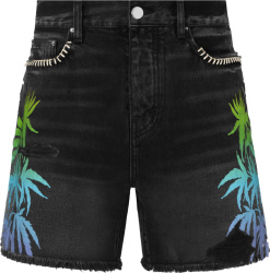 Amiri Black Denim And Neon Gradient Palm Tree Print Shorts