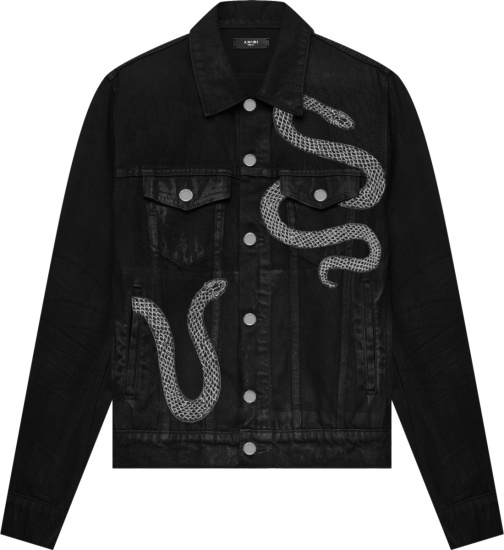 Amiri Black Denim And Snake Embroidered Jacket