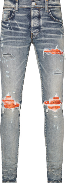 Amiri Clay Indigo And Orange Cracked Paint Mx1 Jeans