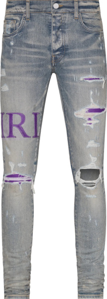 Amiri Clay Indigo And Purple Leather Stitch Logo Jeans