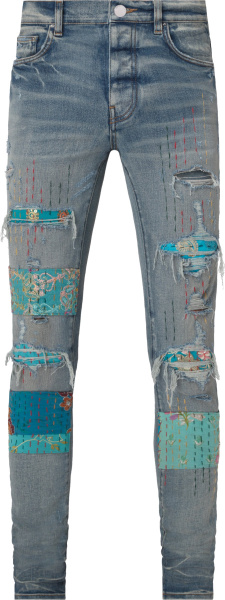 Amiri Clay Indigo And Vintage Quilt Art Patch Jeans