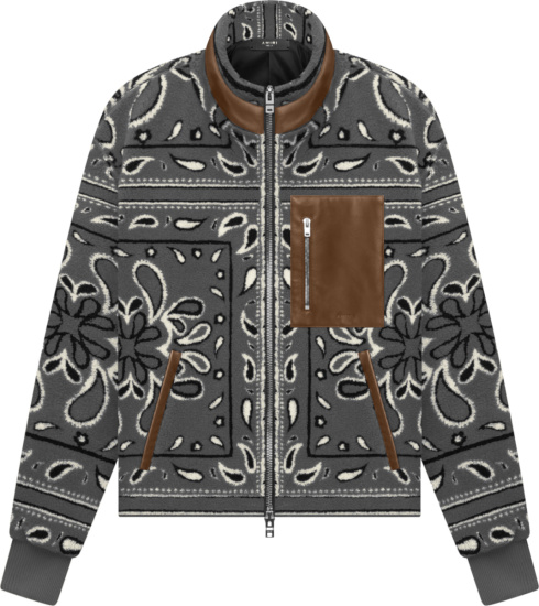 Amiri Grey Bandana Fleece And Brown Leather Jacket