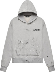 Amiri Grey Paint Splatter Distressed Logo Print Hoodie