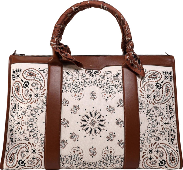 Amiri Ivory Canvas Bandana And Brown Leather Trim Weekender Bag