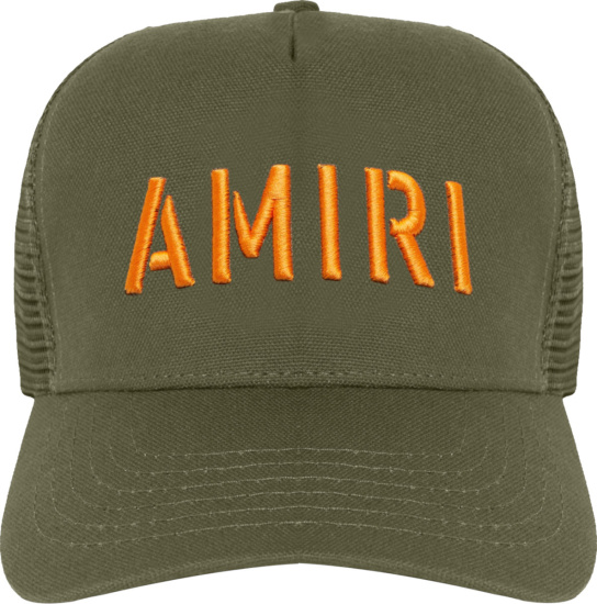 Amiri Olive Green Camo And Orange Logo Stencil Trucker Hat