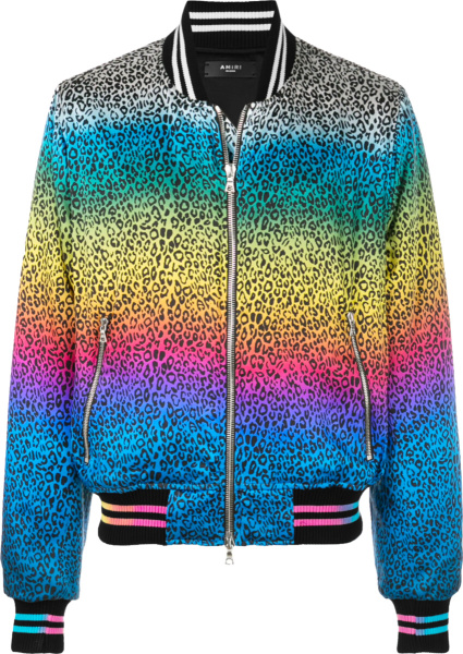 Amiri Rainbow Leopard Print Silk Bomber Jacket