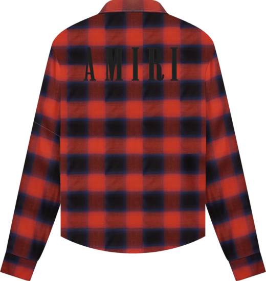 Amiri Red Check And Black Leather Logo Applique Shirt