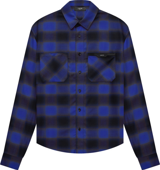Amiri Royal Blue And Black Flannel Logo Applique Shirt