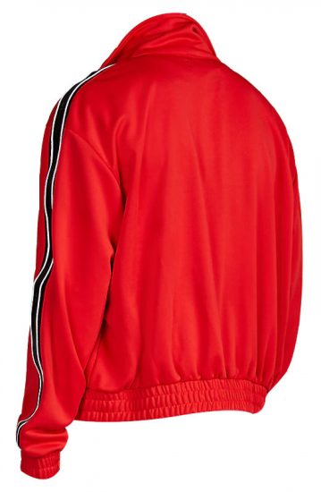 Amiri Track Jacket In Red With Black Leather Side Stripes Worn By 21 Savage
