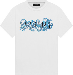 Amiri White And Blue Allover Paisley Logo Print T Shirt
