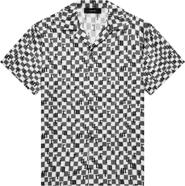 Amiri White And Grey Checkerboard Logo Bowling Shirt