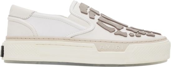 Amiri White Canvas And Taupe Brown Bone Patches Slip On Skel Top Sneakers