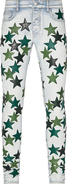 Amiri X Chemist Light Indigo And Green Leather Star Patch Jeans