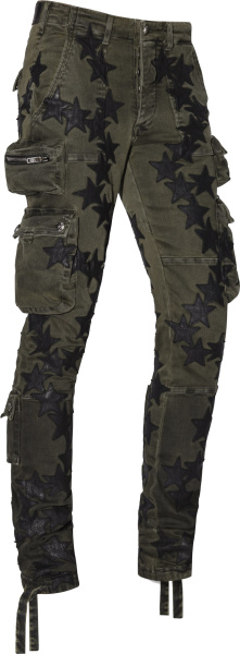 Amiri X Chemist Olive Green And Black Leather Star Patch Tactical Cargo Pants