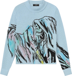 Amiri X Wes Lang Light Blue And Multicolor Reaper Embroidered Ribbed Knit Sweater