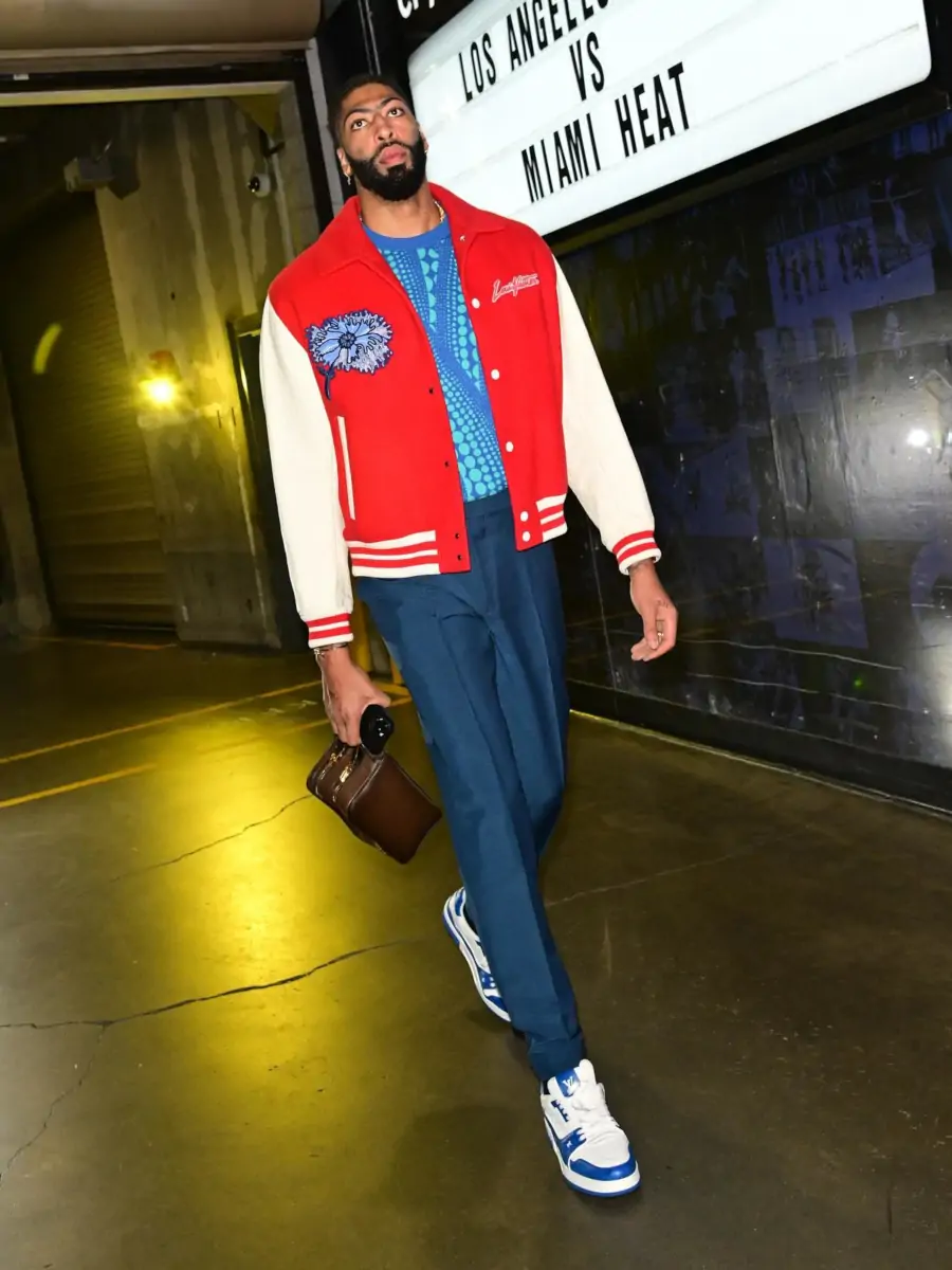 Anthony Davis Lv X Yk Red Jacket Blue Pumpkin T Shirt And Blue Lv Sneakers