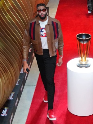 Anthony Davis Wearing Rhude Sunglasses With A Gucci Jacket T Shirt And Nike Af1 Sneakers